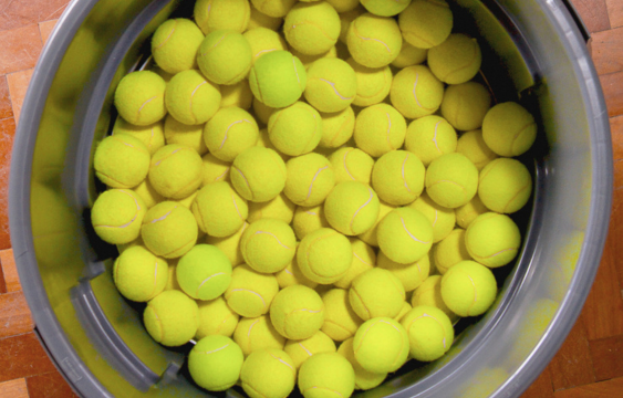 Bucket filled with yellow tennis balls on a wooden floor.