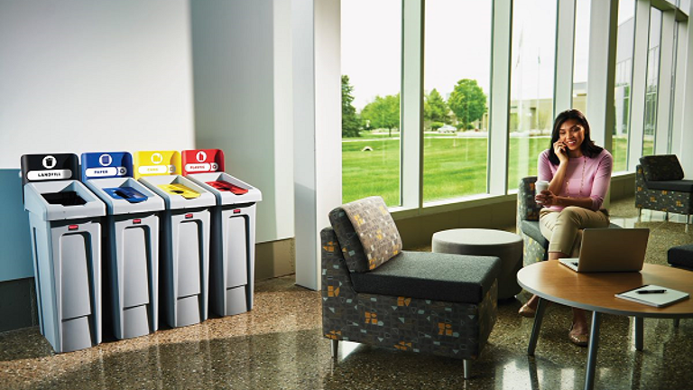 Woman sitting in an office lounge area