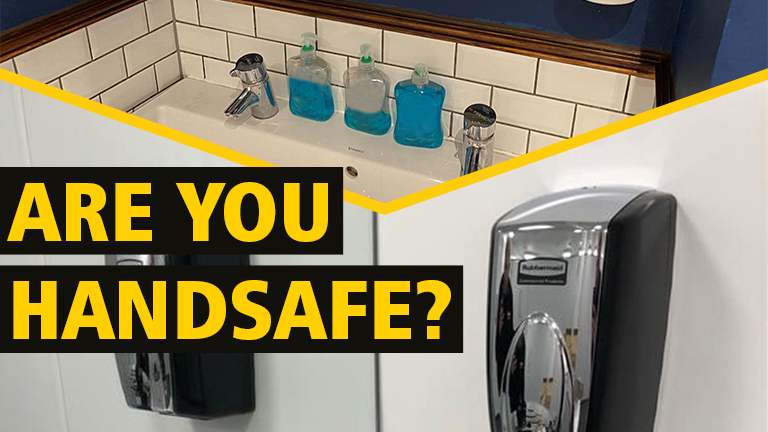 Hand hygiene awareness graphic featuring a sink with soap dispensers and the text ""Are You Handsafe?"""