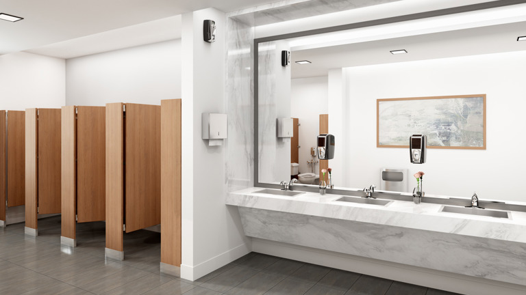 Modern public restroom with wooden stalls