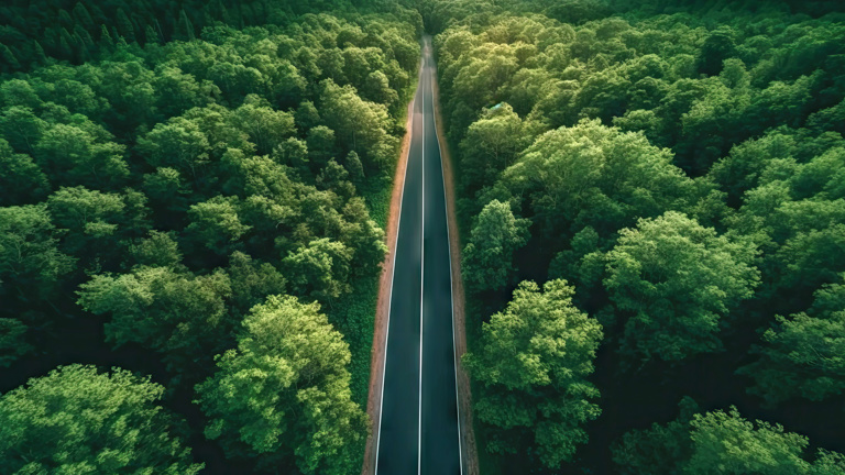 Aerial view of a straight road cutting through a dense green forest.