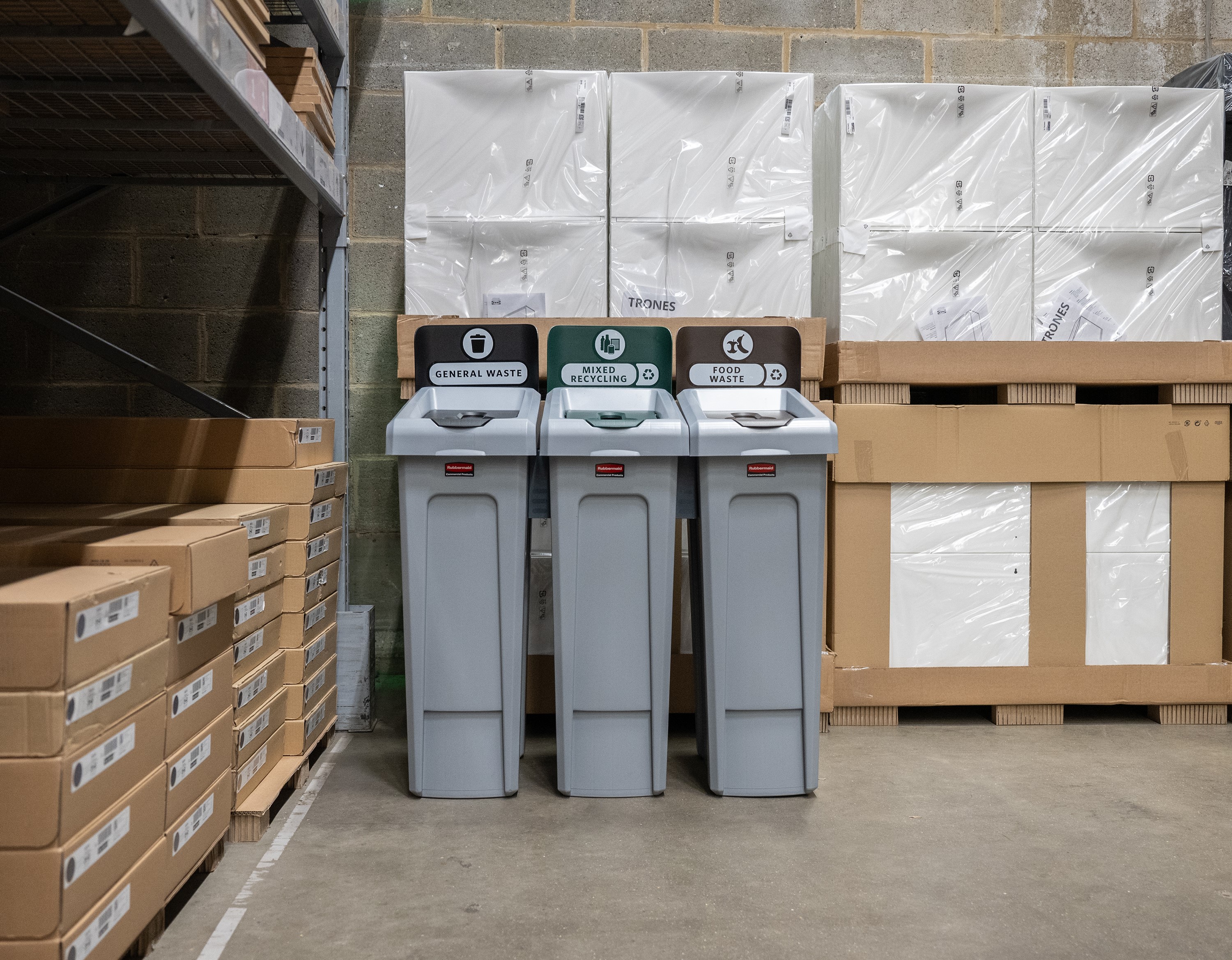 Three categorized waste bins for general waste